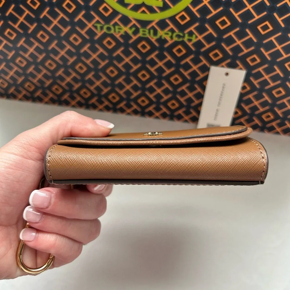 Tory Burch Emerson Flap Card Case Wallet Moose Tan Brown Gold